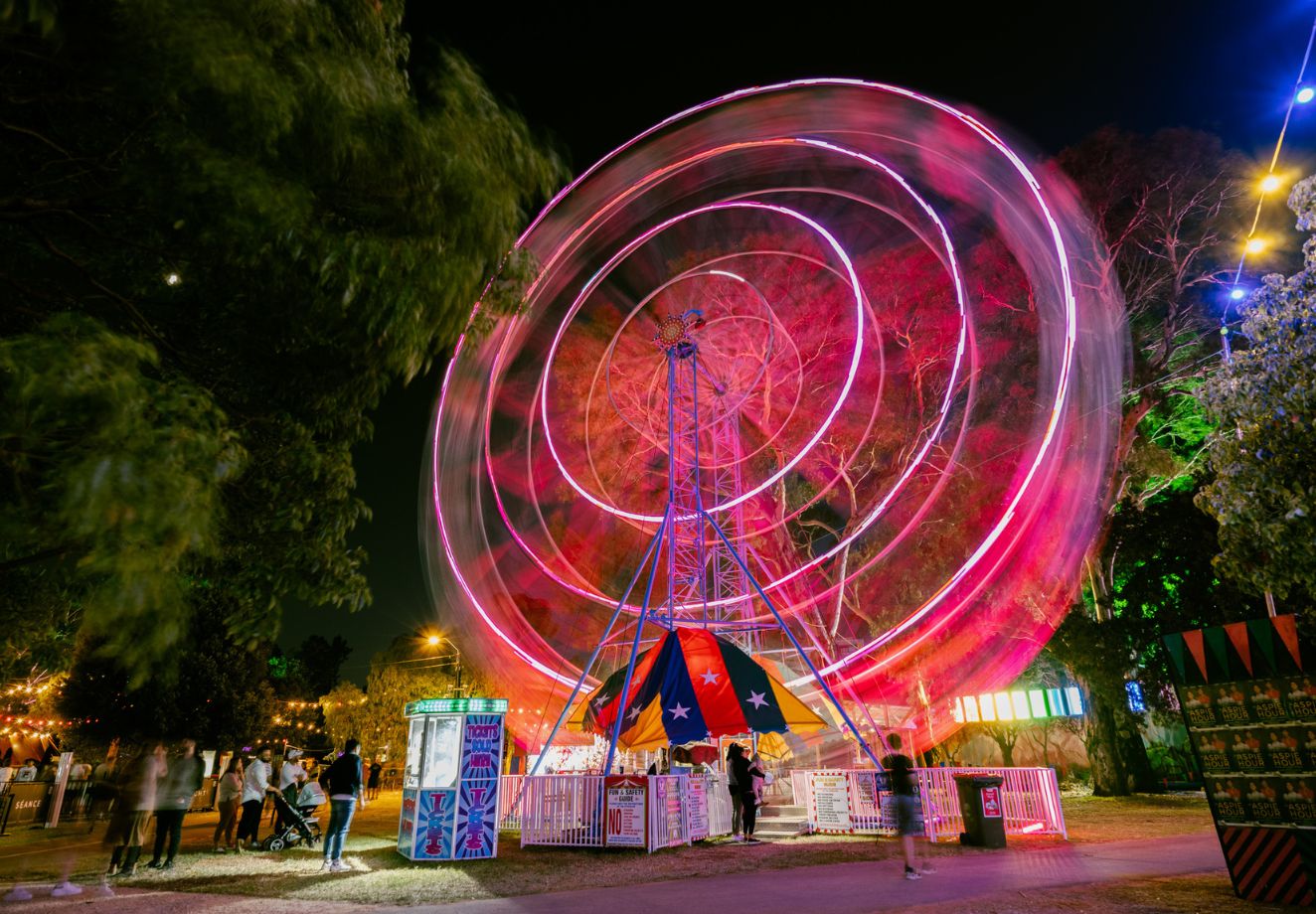 A blurry ferriswheel in pink amongst trees