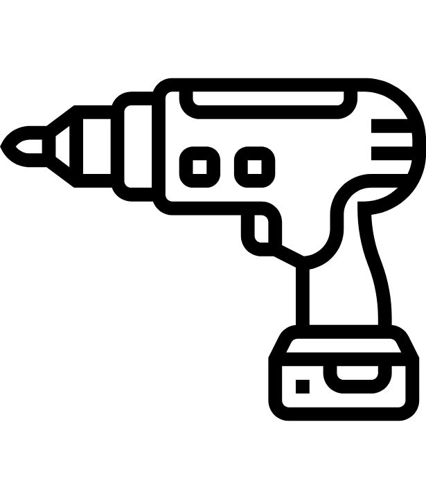 An illustration of a power drill in black on a white back ground