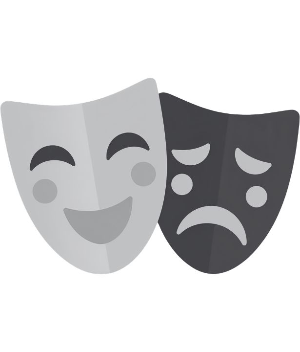 Two drama masks (one laughing and one sad) in black and grey on a white background